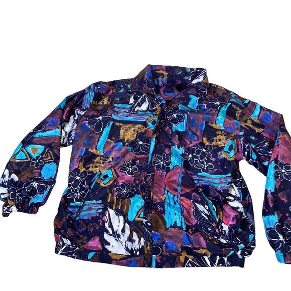 EVR Vintage 80's Jacket Womans Purple Floral Full Zip Windbreaker abstract SZ S - Picture 2 of 10